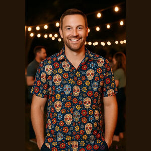 Men's Atlanl 3XL Navy Multi-color Sugar Skull Casual Button Down Shirt